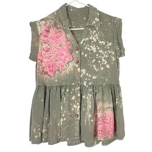 Handmade Floral Tunic Top Shirt Womens Size Small Army Green Bleached Neon Pink